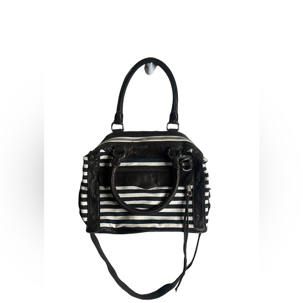Rebecca minkoff leather fabric strips cross body bag size medium